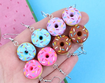 Hot Pink Donut Earrings, Gift For Kids, Chocolate Doughnut Jewelry, Miniature Food Earrings