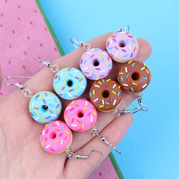 Hot Pink Donut Earrings, Gift For Kids, Chocolate Doughnut Jewelry, Miniature Food Earrings