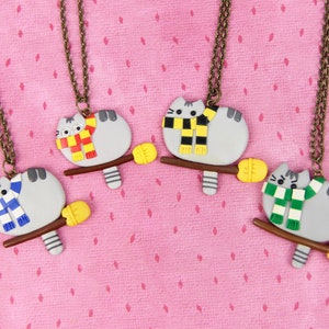 Funny Pusheen Necklace, Gift for Kids, Wizard Cat Jewelry, Book Lover Gift, Harry Cat Pendant, Cat In Red Yellow Scarf, Stocking Stuffers