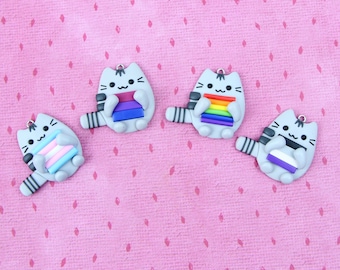 Pusheen With Rainbow Flag Earrings, LGBTQ Pride Jewelry, Lesbian Bisexual Transgender Non Binary Asexual Earrings, Pansexual Earrings