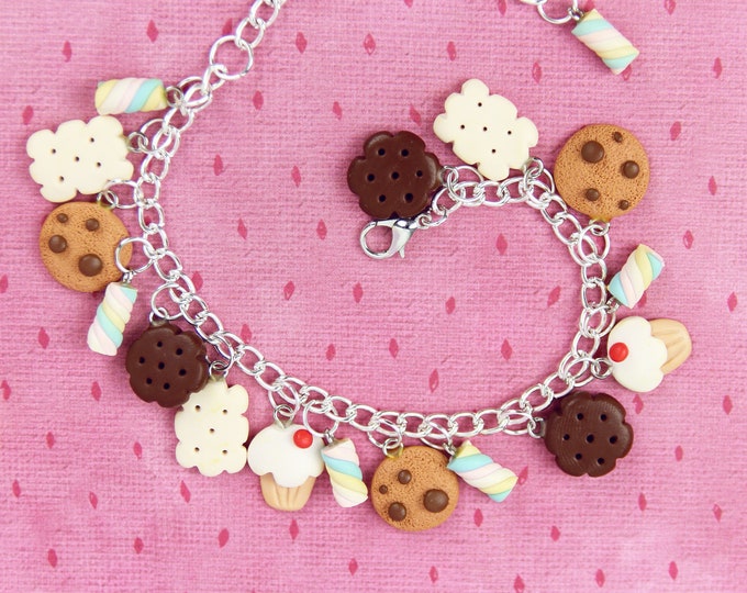 Cookies Charms Bracelet, Sweets Lover Gift, Miniature Food Jewelry, Funny Candy Jewelry, Cupcake Charms, Food Lover Gift, Stocking Stuffers