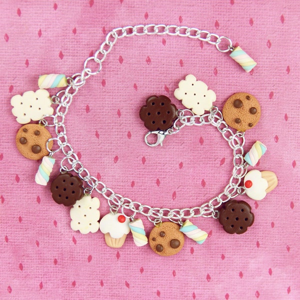 Cookies Charms Bracelet, Sweets Lover Gift, Miniature Food Jewelry, Funny Candy Jewelry, Cupcake Charms, Food Lover Gift, Stocking Stuffers