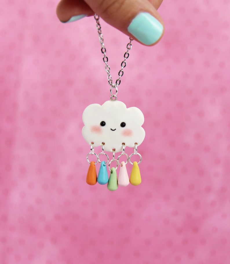 Happy Cloud Keychain, Rainbow Raindrop Necklace, Pastel Rain Jewelry - Etsy