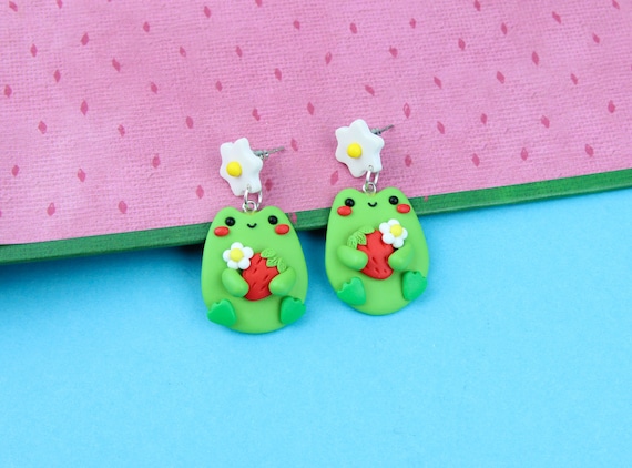 Green Frog With Strawberry Stud Earrings, Summer Birthday Gift, Goblincore Dangle Earrings