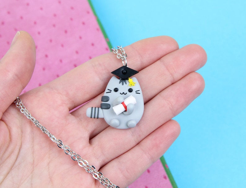 High School Graduation Gift, Student Cat Necklace, Congrats Grad Keychain, Funny Pusheen Jewelry image 5
