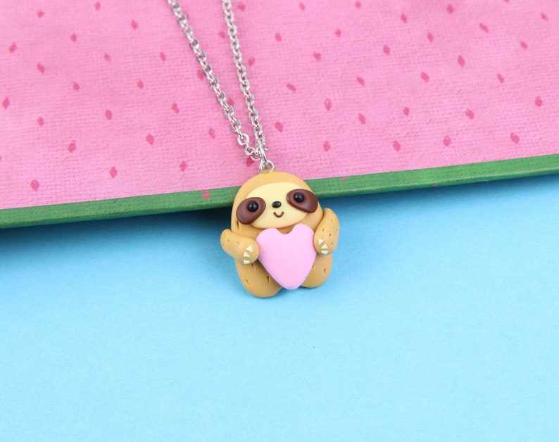 Cute Sloths Necklace, Funny Animal Lover Gift, Brown Throated Sloths Pendant, Gift for Kids, Valentines Day Jewelry, Stocking Stuffers image 1