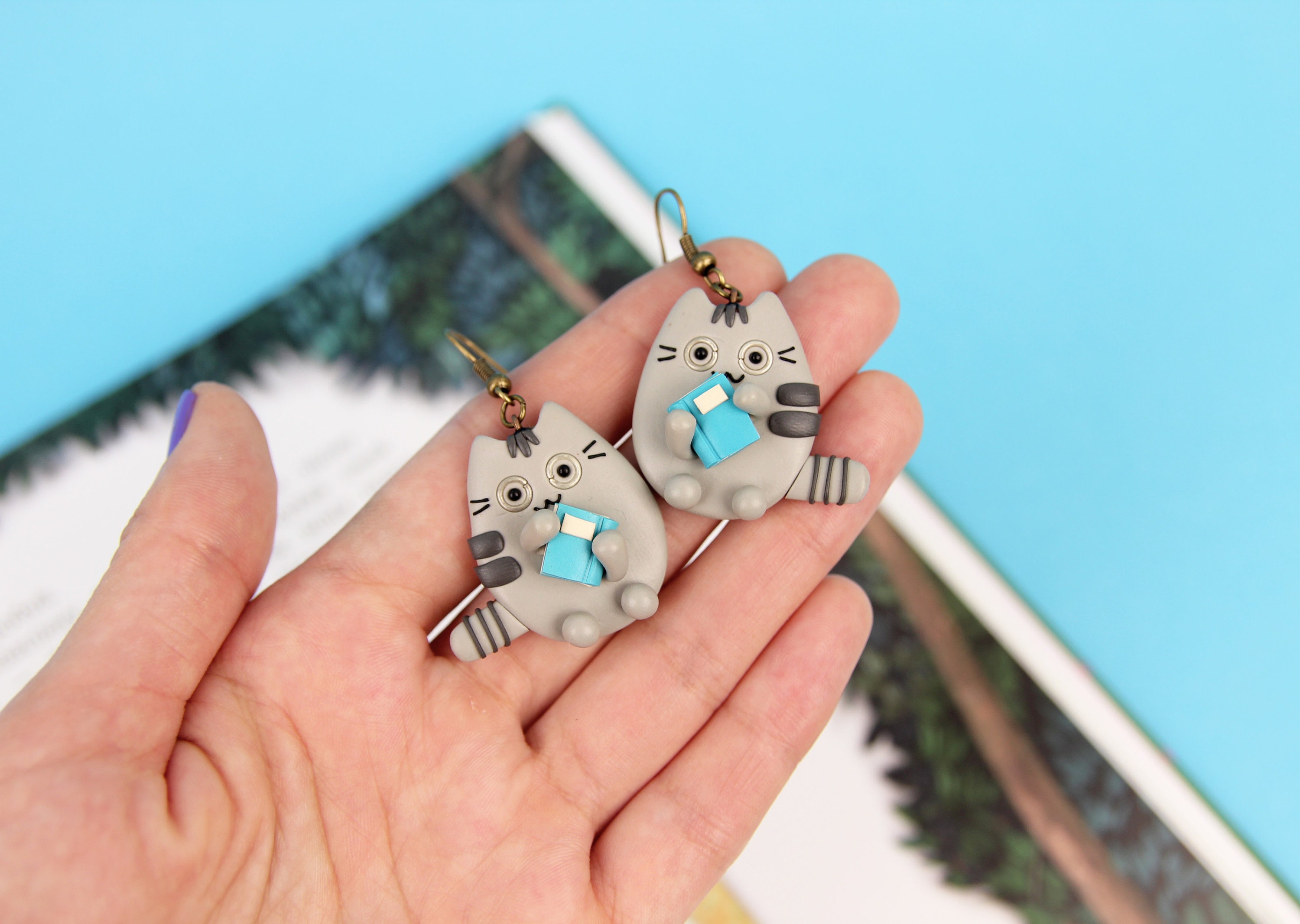 Funny Pusheen Earrings Book Lover Gift Cat in Glasses Funny