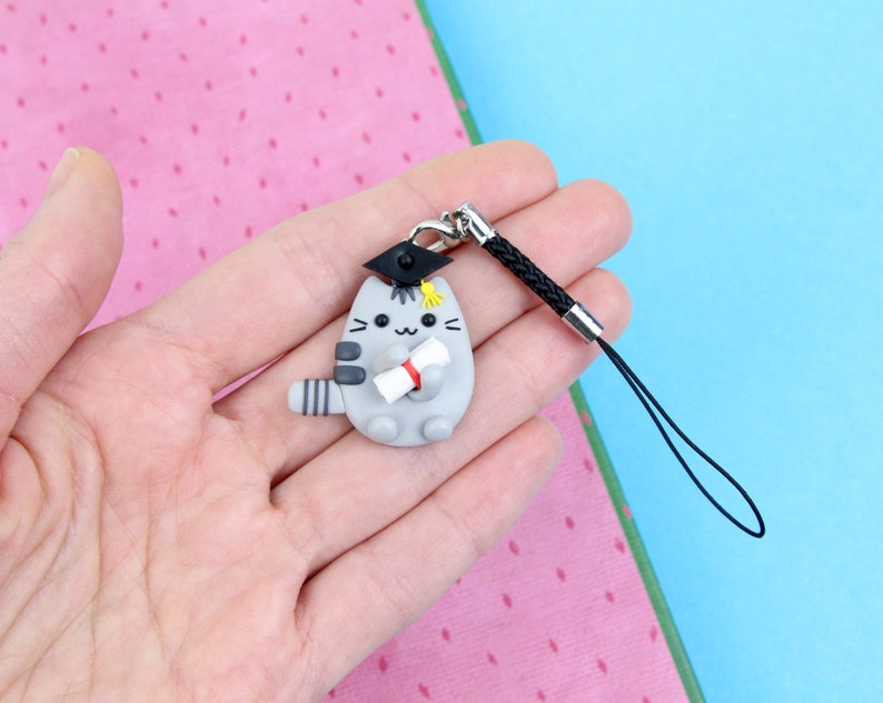 High School Graduation Gift, Student Cat Necklace, Congrats Grad Keychain, Funny Pusheen Jewelry image 4