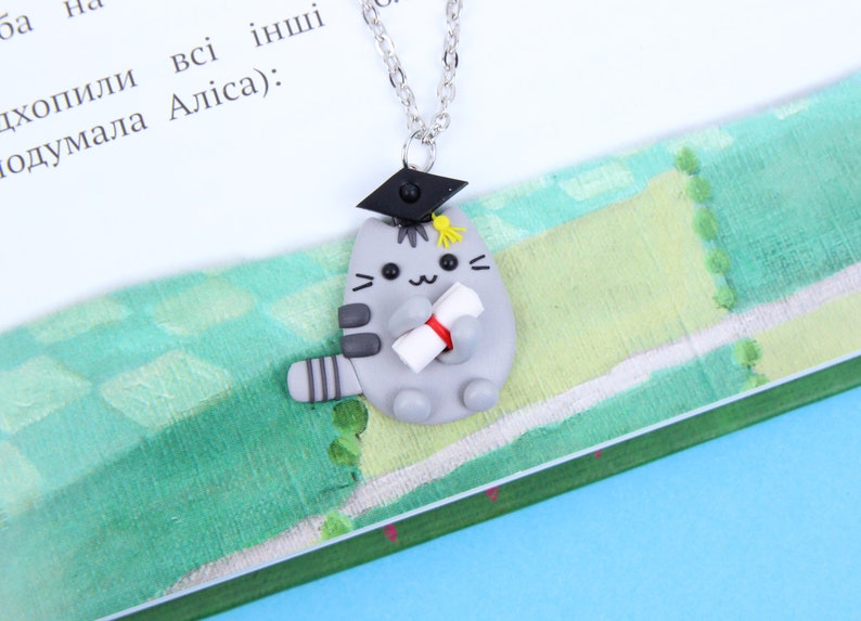 High School Graduation Gift, Student Cat Necklace, Congrats Grad Keychain, Funny Pusheen Jewelry image 6