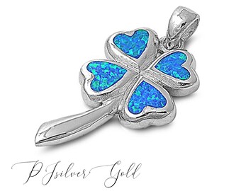 925 Sterling Silver Blue/White Simulated Opal - Four Leaf Clover Pendant