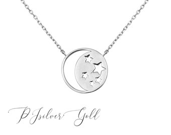 925 Sterling Silver Crescent Moon And Star Cut Out Disc Pendant Necklace, 16 inches + 2 inch extension
