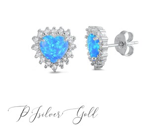 925 Sterling Silver Blue/White Simulated Opal - CZ Cubic Zirconia Claw Set Heart Stud Earrings