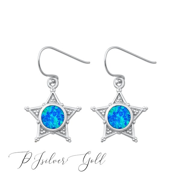 925 Sterling Silver Blue/White Simulated Opal - Textured Pattern Sheriff Star Dangle Earrings