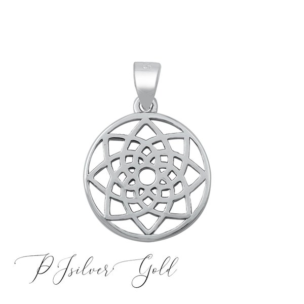 925 Sterling Silver Mandala Geometric Pattern Open Round Pendant Charm - Chain Not Included