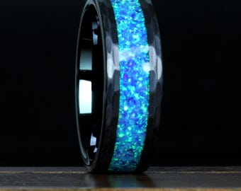 Hammered Black Tungsten Ring with Blue Opal Inlay 8mm | Men's Teal Opal Wedding Band | Unique Engagement Gift for Him