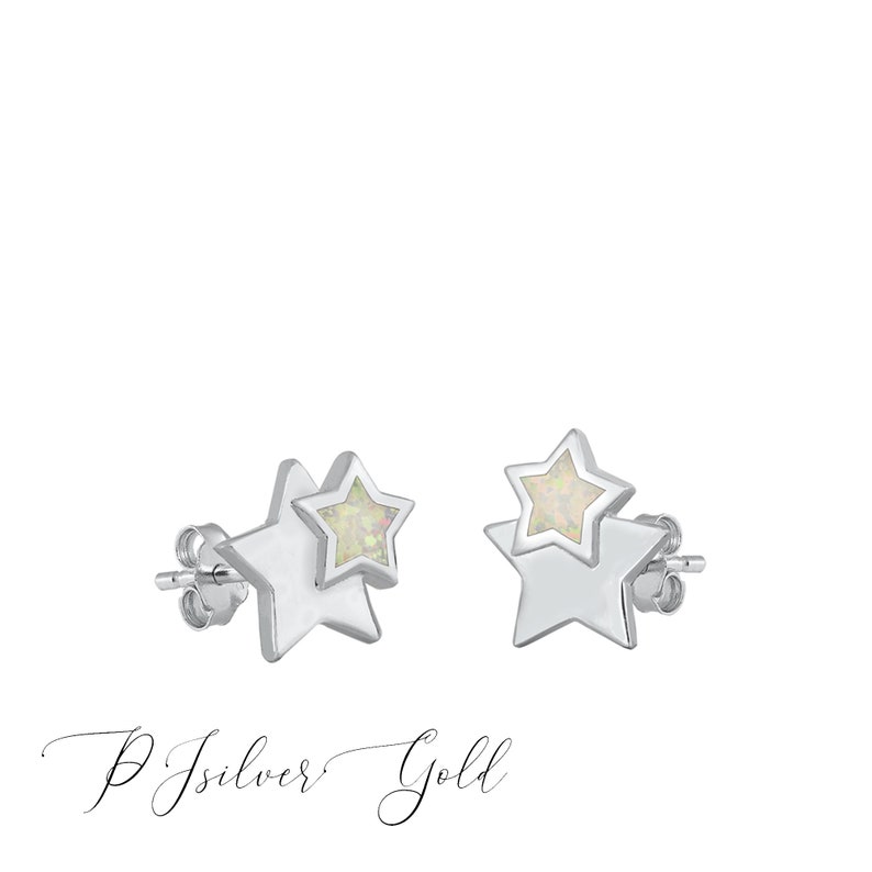 925 Sterling Silver Rhodium Plated BlueWhite Simulated Opal Double Star Stud Earrings