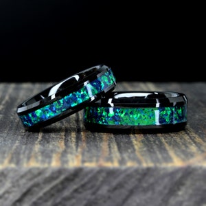 Tungsten Ring Set, Emerald-Green Opal Ring, His & Hers Black Tungsten Wedding Band, 8mm 6mm, Anniversary Ring Set, Tungsten Promise Ring Set