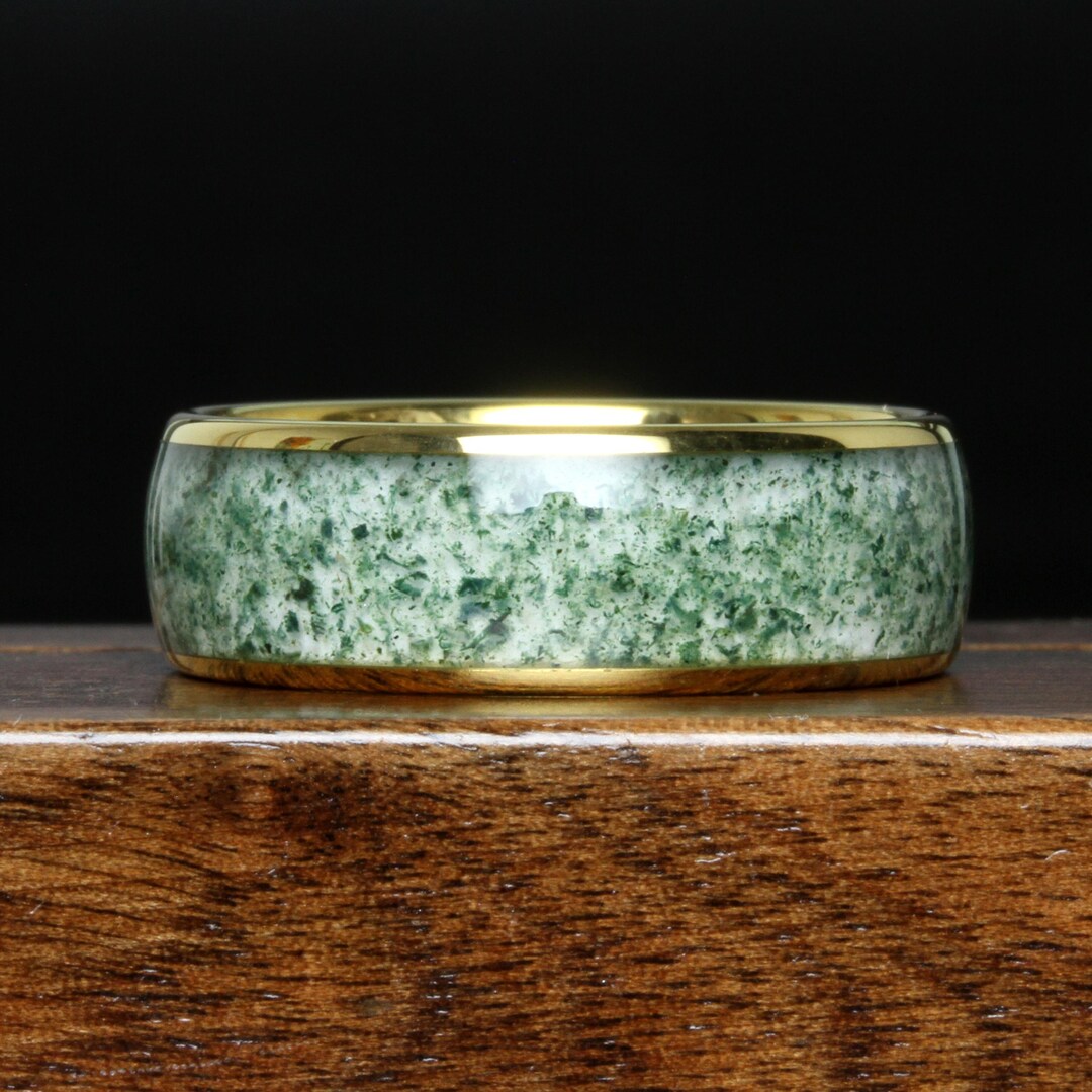 Moss Agate Inlay Tungsten Ring 8mm | Men's Nature Wedding Band | Forest ...