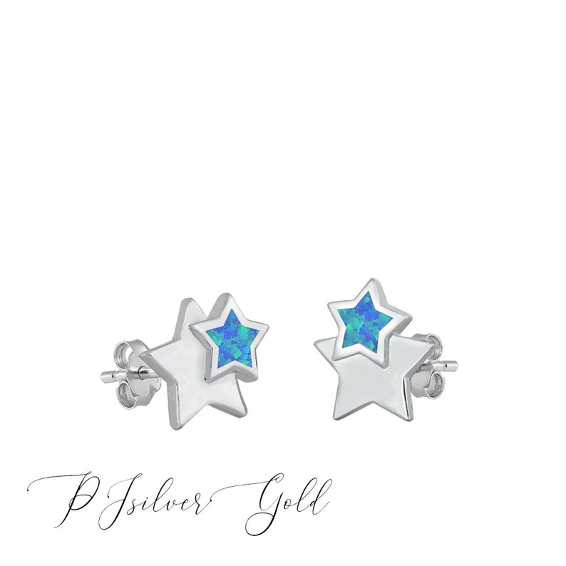 925 Sterling Silver Rhodium Plated BlueWhite Simulated Opal Double Star Stud Earrings