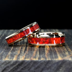 Tungsten Ring, Red Opal Ring, His Or Hers Rose Gold Plated Tungsten Wedding Band, 8mm/6mm, Anniversary Ring, Tungsten Promise Ring