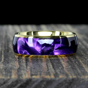 Tungsten Ring, Purple Cowrie Pattern Inlay Ring, Gold Plated Tungsten Wedding Band, 8mm, Anniversary Ring, Tungsten Promise Ring