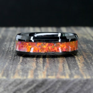 Tungsten Ring, Orange Opal Ring, His OR Hers Black Tungsten Wedding Band, 8mm, Anniversary Ring, Tungsten Promise Ring