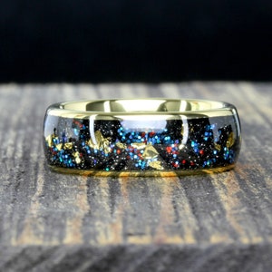 Tungsten Ring, Galaxy Ring, His OR Hers Yellow Gold Plated Tungsten Wedding Band, 8mm, Anniversary Ring, Tungsten Promise Ring