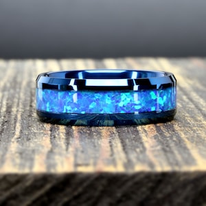 Tungsten Ring, Blue Opal Ring, His OR Hers Black Tungsten Wedding Band, 8mm, Anniversary Ring, Tungsten Promise Ring