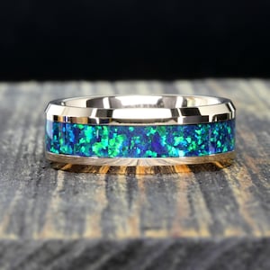 Tungsten Ring, Emerald-Green Opal Ring, His OR Hers Rose Gold Plated Tungsten Wedding Band, 8mm, Anniversary Ring, Tungsten Promise Ring
