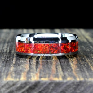 Tungsten Ring, Red Opal Ring, His OR Hers Tungsten Wedding Band, 8mm, Anniversary Ring, Tungsten Promise Ring