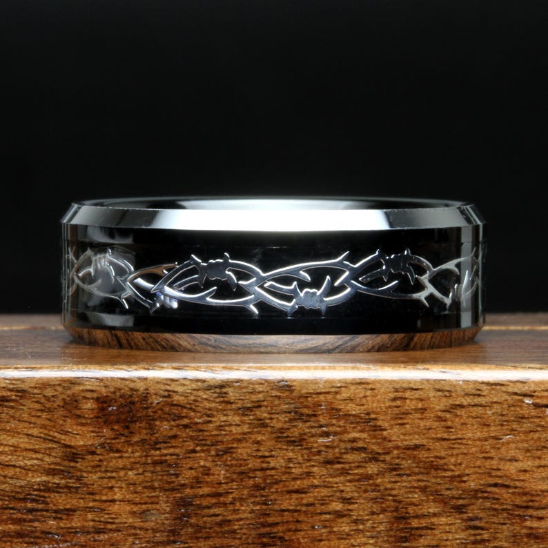 Barbed Wire Inlay Black Tungsten Ring 8mm | Men's Gothic Wedding Band ...