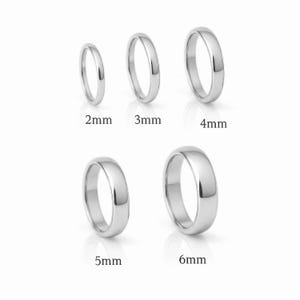 May include: Five silver rings of varying widths are displayed against a white background. The rings are labeled with their widths: 2mm, 3mm, 4mm, 5mm, and 6mm. The rings have a smooth, polished surface.