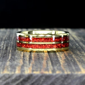Tungsten Ring, Galaxy Ring, Double Channel Meteorite Ring, Yellow Gold Plated Tungsten Wedding Band, 8mm, Anniversary Ring, Promise Ring