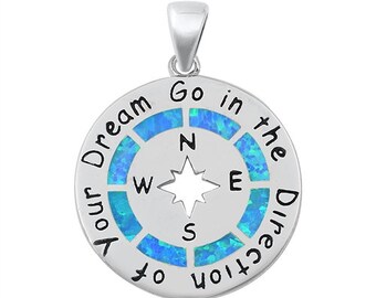 925 Sterling Silver Blue/White Simulated Opal Circle Pendant - Your Dream Go In The Direction Of Pendant