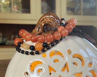 Stretchy Three Piece Bracelet Set with Orange Black and Gold Halloween or Autumn Theme