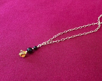 Simple Gold Necklace with Onyx and Yellow Swarovski Crystal Drop Pendant