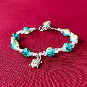 Cute Green & Yellow Glass Bead Bracelet with Silver Turtle Charm and Clear Glass/Silver-plated Spacer Beads