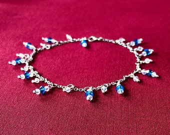 Delicate September Birthstone Bracelet/Anklet - Blue Swarovski Crystal Dangles with Clear Glass Beads