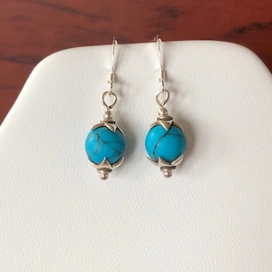 Sterling silver Earrings with turquoise bead and spiky bead caps image 1