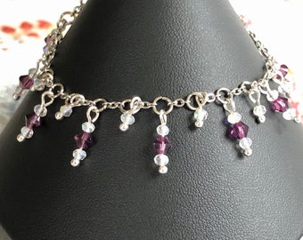 Delicate February Birthstone Bracelet - Purple Swarovski Crystal Dangles with Clear Glass Beads