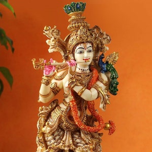 Krishna Statue Gift for Him Flute Krishna Hindu God Anniversary Gift God of Divine Couple Gopal Statue Narayana 37CM Resin Krishna Statue