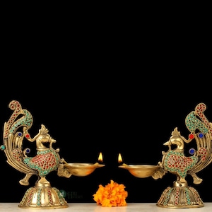 Messing Annam Vogel Diya mit Steinarbeiten, Wohnkultur Tempel Mandir Pooja Diya, Traditionelle Indische Öllampe, Hindu Geschenke für Diwali