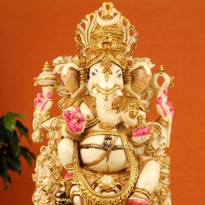 Big Large Size 38 CM Ganesha Statue Hand Painted Cultured Marble Lord Ganesh Idol Hindu Elephant God & Good Luck Gift for New Beginnings