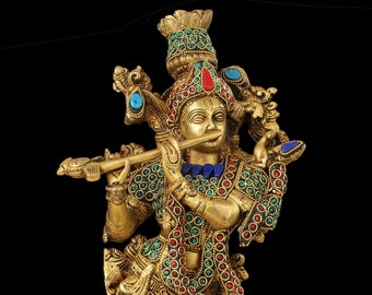 Brass Krishna Statue Hare Krishna Statue God of Lover Anniversary Gift Temple Home Pooja Decor Krishna Statue in Brass with Mosaic Stonework