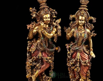 Radha Krishna Statue 37 CM Copper Finish Dust Marble Radha Krishna Hindu God of Love Anniversary Gift Divine Couple Radha Krishna Figurine