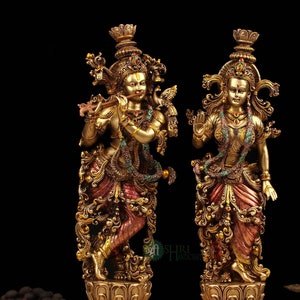 Radha Krishna Statue 37 CM Copper Finish Dust Marble Radha Krishna Hindu God of Love Anniversary Gift Divine Couple Radha Krishna Figurine