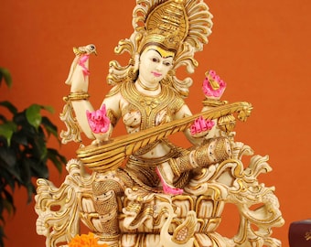 12&quot; Goddess Saraswati sitting statue with Veena figurine, Hindu god sculpture, Goddess of knowledge, God of music and Art, Temple decor idol