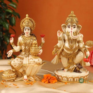 Ganesh Lakshmi Statue, Resin Ganesha Laxmi Statue, Diwali gift,  Ganesha for altar, Hand Painted Resin Goddess, Wedding Decor Statue