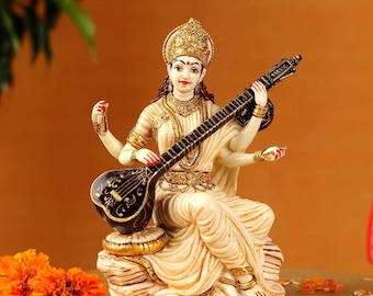 Saraswati Statue, 15 cm Hand Painted Cultured Marble Saraswati Statue with Veena, Hindu Goddess of Knowledge, Music, Art & Wisdom.
