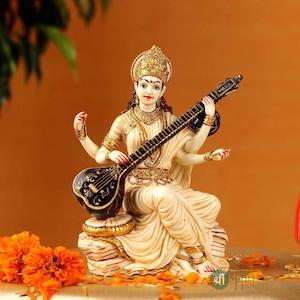 Saraswati Statue, 15 cm Hand Painted Cultured Marble Saraswati Statue with Veena, Hindu Goddess of Knowledge, Music, Art & Wisdom.